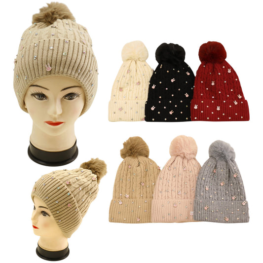Pom Pom Knitted Beanie With Rhinestone H20-61 (12PC)