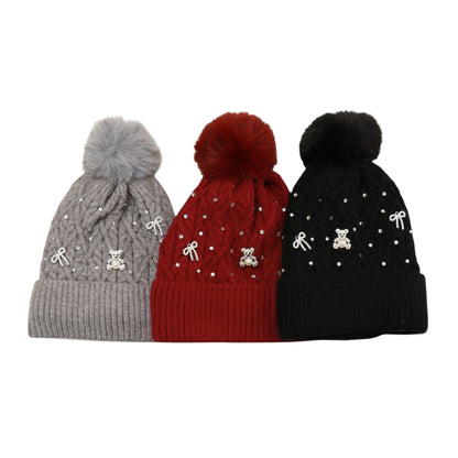 Pom Pom Knitted Beanie With Rhinestone H20-62 (12PC)