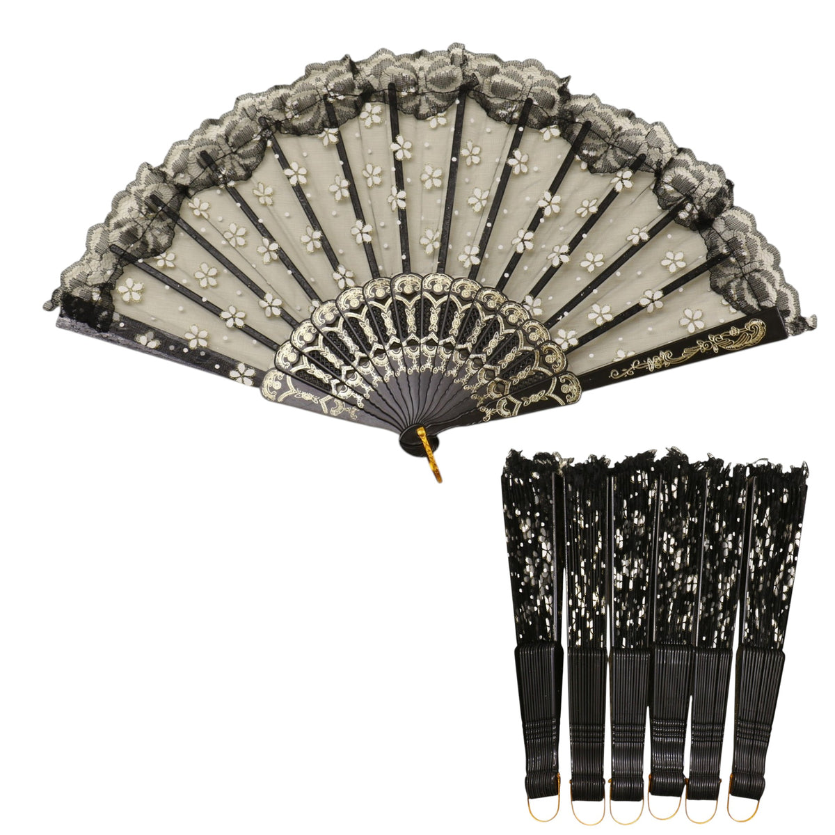 Black Lace Transparent Gold Glitter Flora Hand Held Folding Fan JF6804-30 (12PC)