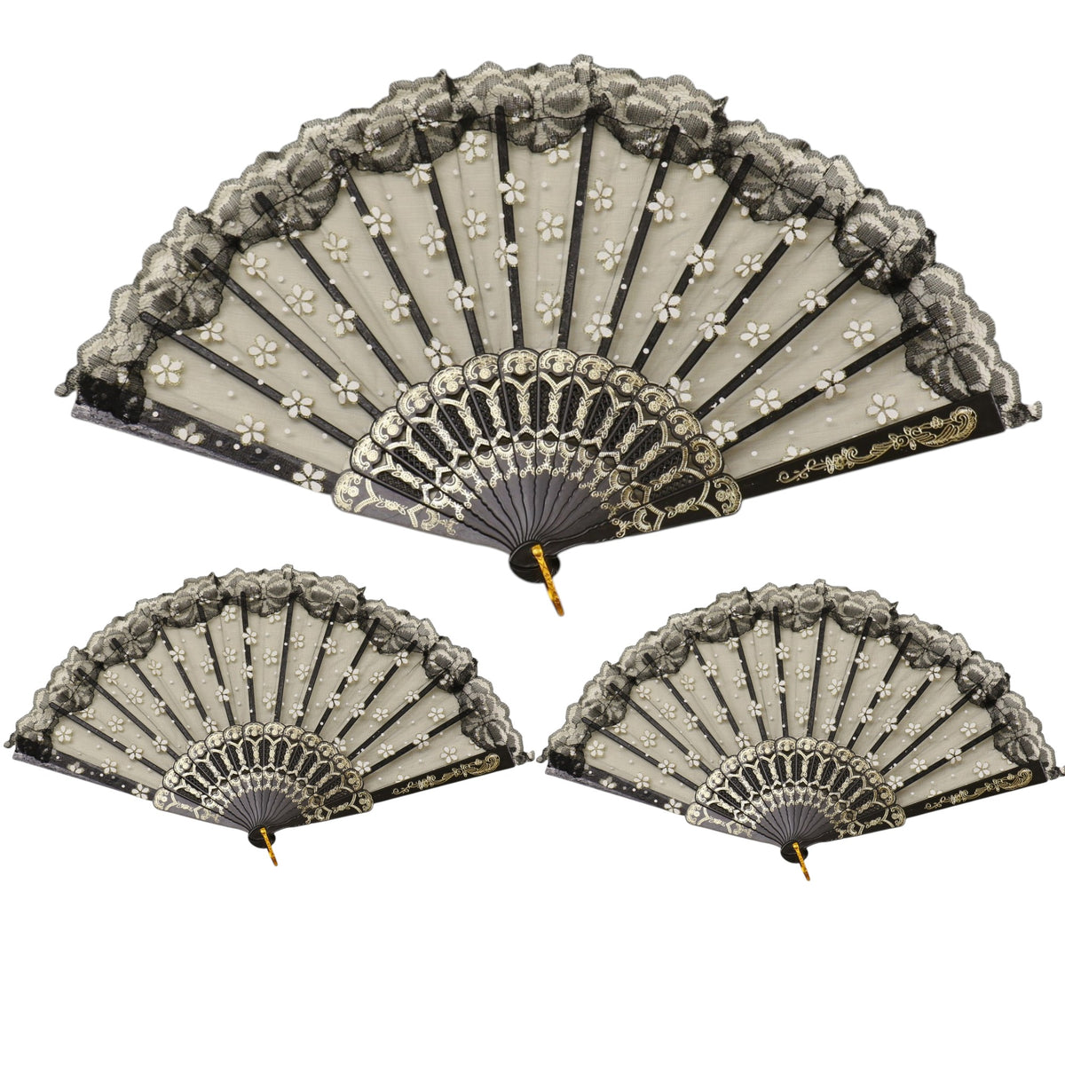 Black Lace Transparent Gold Glitter Flora Hand Held Folding Fan JF6804-30 (12PC)