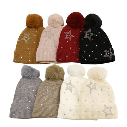 Pom Pom Knitted Beanie With Rhinestone H20-59 (12PC)