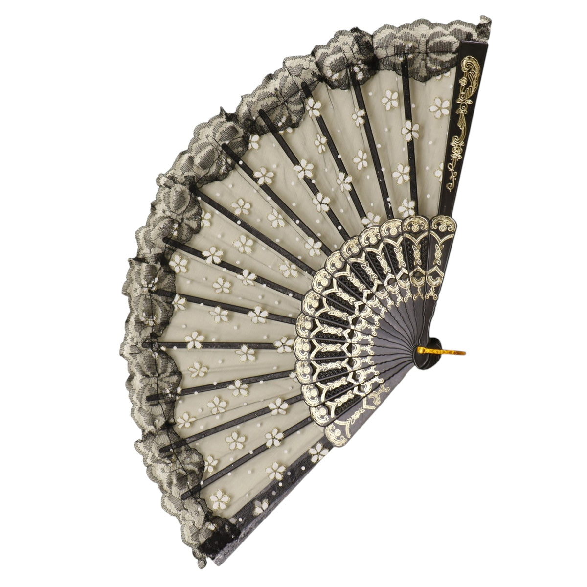 Black Lace Transparent Gold Glitter Flora Hand Held Folding Fan JF6804-30 (12PC)