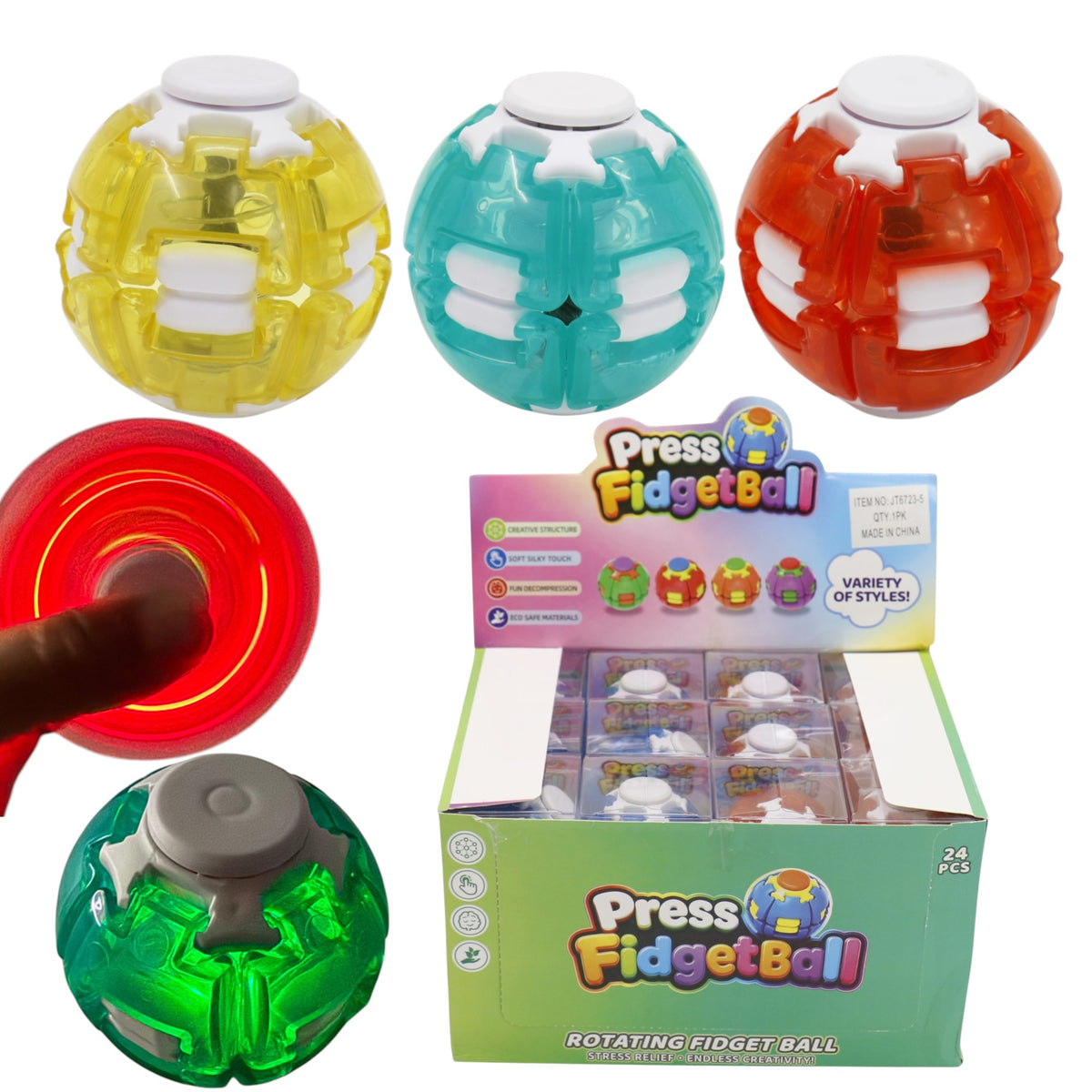 Press Spin Glowing 3D Fingertip Spinner Stress Relief Rotating Light Up Toy QY311 (24PC)