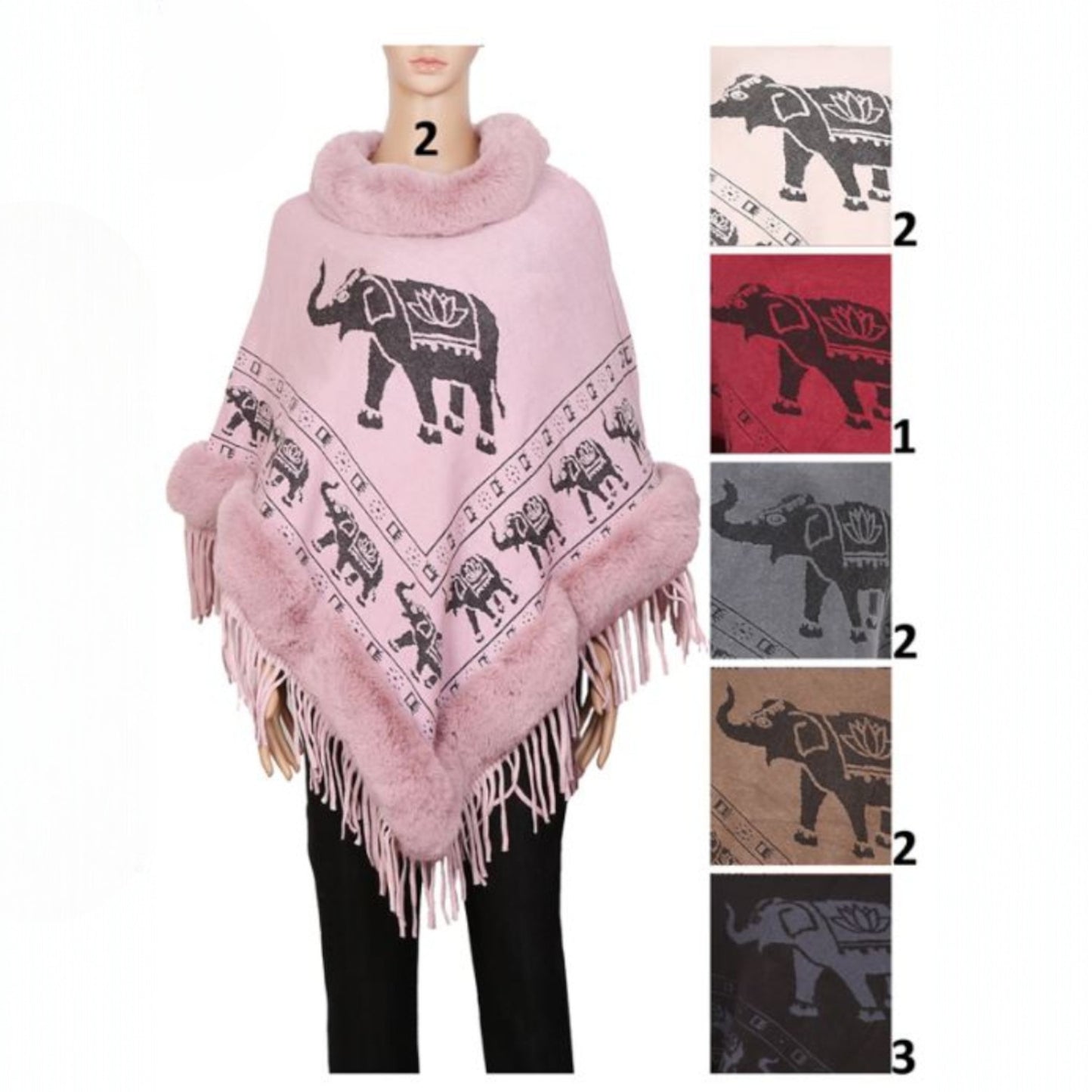 Elephant Pattern Fur Fringed Poncho P191 (12PC)