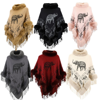 Elephant Pattern Fur Fringed Poncho P191 (12PC)
