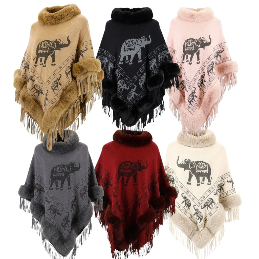 Elephant Pattern Fur Fringed Poncho P191 (12PC)