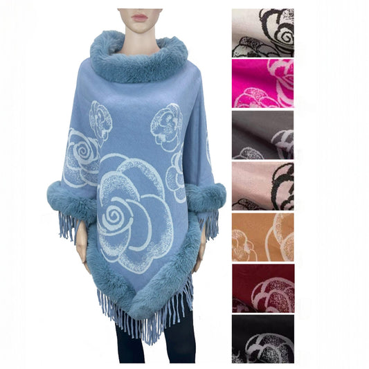 Rose Pattern Fur Fringed Poncho P4609 (12PC)