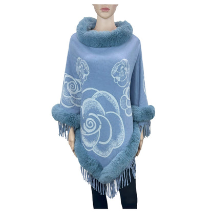 Rose Pattern Fur Fringed Poncho P4609. (12PC)