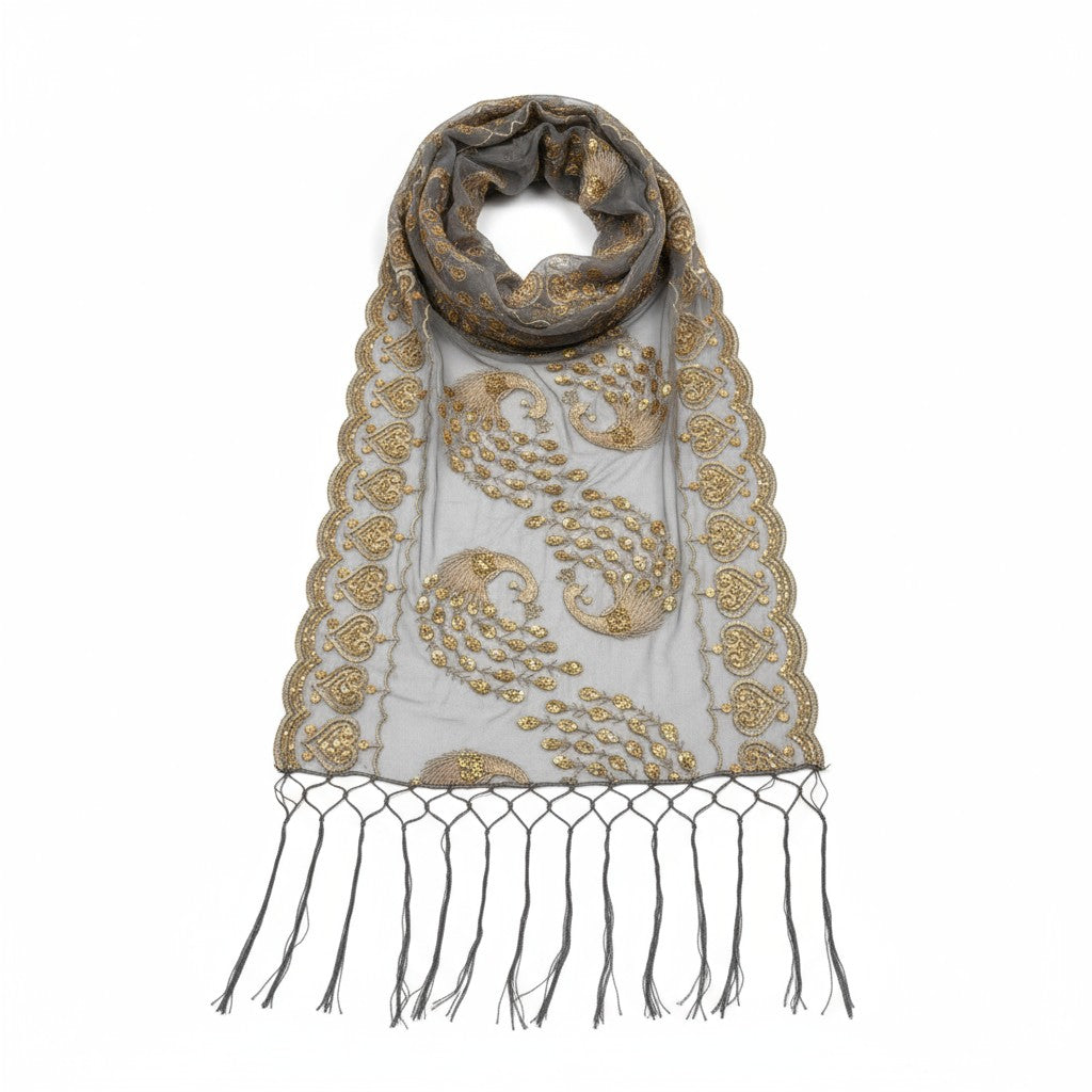 Peacock Sequin Chiffon Embellished Fringe Sheer Shawl Wrap Scarf SC309P. (12pc)