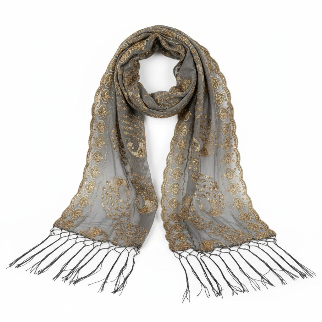 Peacock Sequin Chiffon Embellished Fringe Sheer Shawl Wrap Scarf SC309P. (12pc)