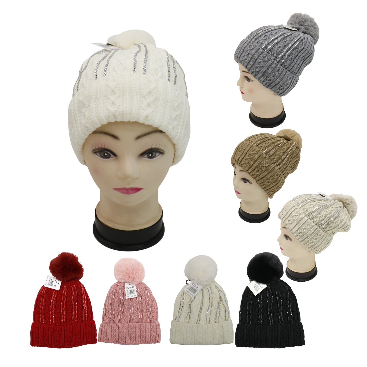 Pom Pom Rhinestone Decor Beanie H20-42. (12PC)