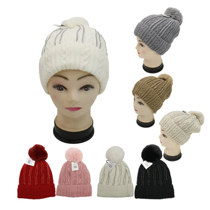 Pom Pom Rhinestone Decor Beanie H20-42. (12PC)