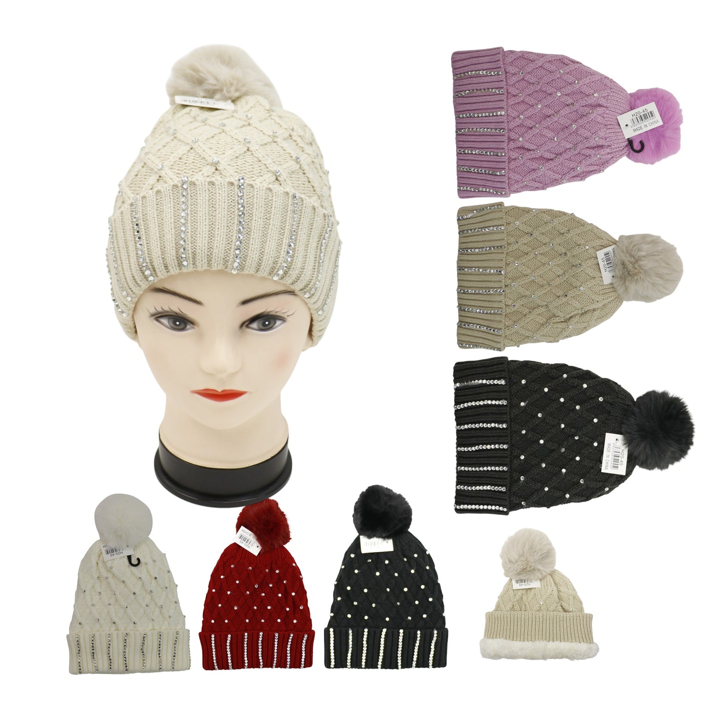 Pom Pom Rhinestone Decor Beanie H20-45. (12PC)