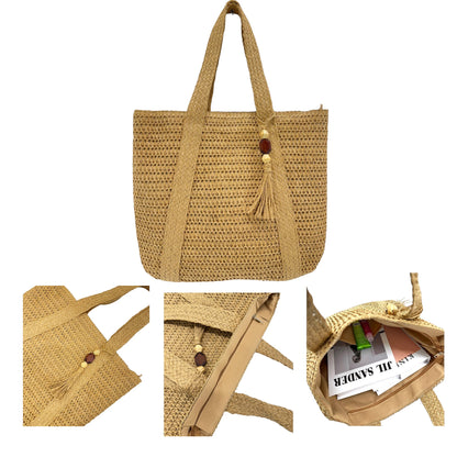 Rattan Beach Tote Shoulder Bag With Tassel BG4225-5. (2pc)
