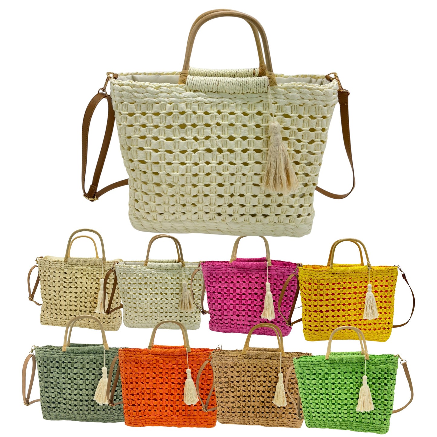 Rattan Beach Tote Shoulder Bag With Tassel BG4225-2... (2pc)