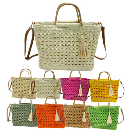 Rattan Beach Tote Shoulder Bag With Tassel BG4225-2... (2pc)