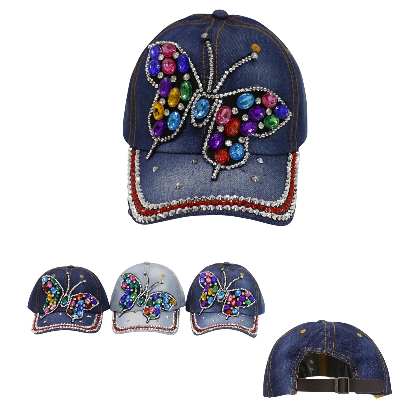 Women's Denim Rhinestone Rainbow Butterfly Cap HA6323-30 (12PC)