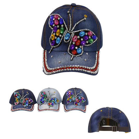 Women's Denim Rhinestone Rainbow Butterfly Cap HA6323-30 (12PC)