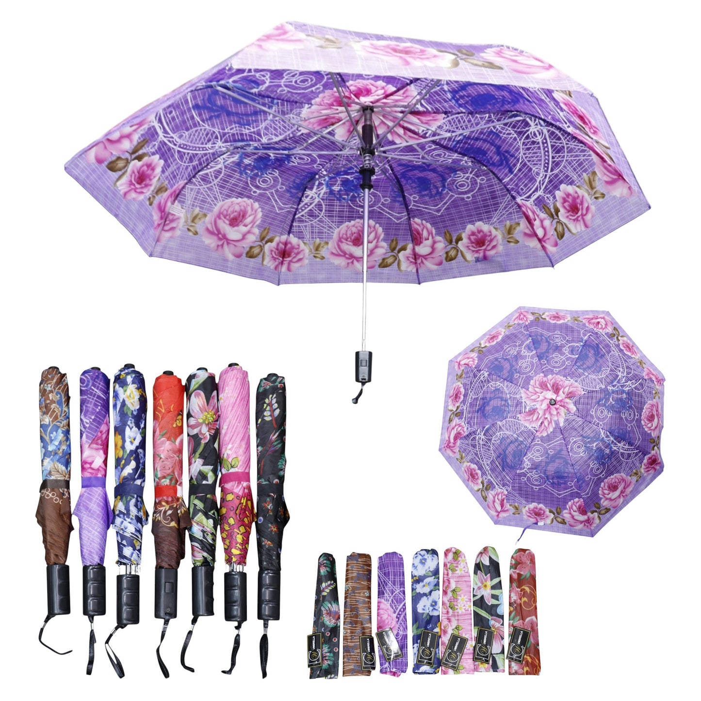 Multicolor Printed Auto 2 Fold Umbrella for Women & Men UM5116 (12pc)