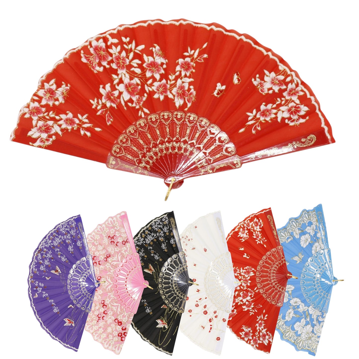 Butterfly Floral Gold Glitter Colorful Hand Held Folding Fan JF6323-6 (12PC)