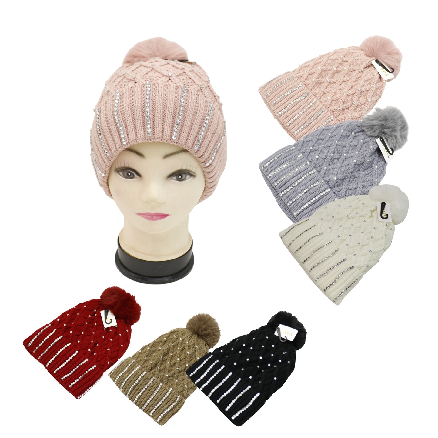 Pom Pom Knitted Beanie With Rhinestone HA4727-8. (12PC)