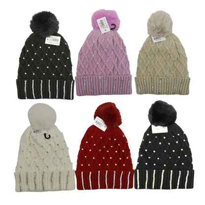 Pom Pom Rhinestone Decor Beanie H20-45. (12PC)
