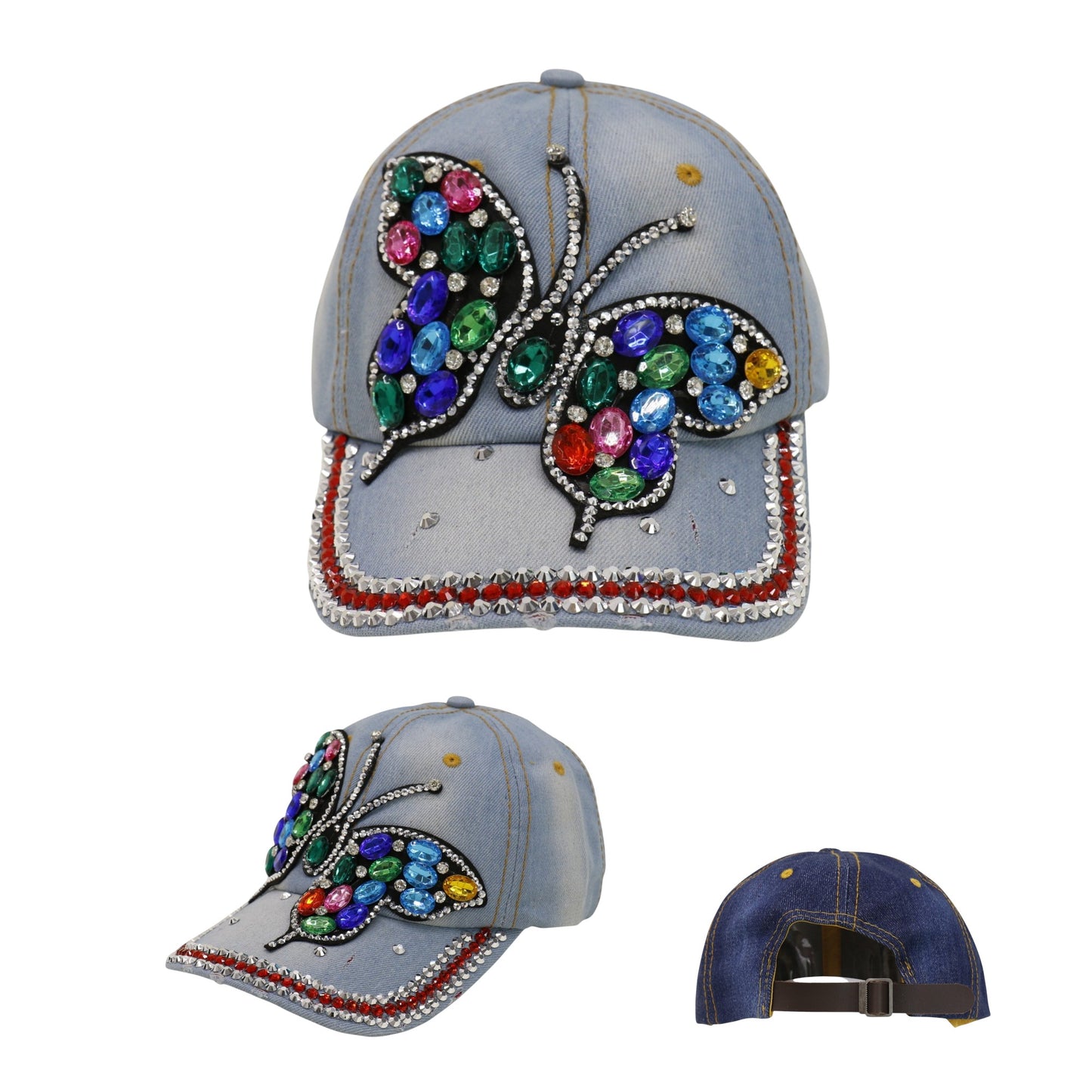 Women's Denim Rhinestone Rainbow Butterfly Cap HA6323-30 (12PC)