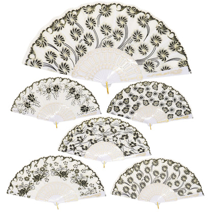 Black Floral Gold Glitter White Frame Hand Held Folding Fan JF6323-3 (12PC)