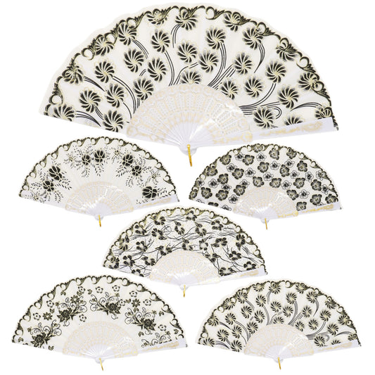 Black Floral Gold Glitter White Frame Hand Held Folding Fan JF6323-3 (12PC)