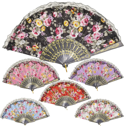 Rose Black Lace Trim Hand Held Folding Fan FN0439 (12PC)