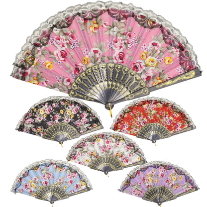 Rose Black Lace Trim Hand Held Folding Fan FN0439 (12PC)