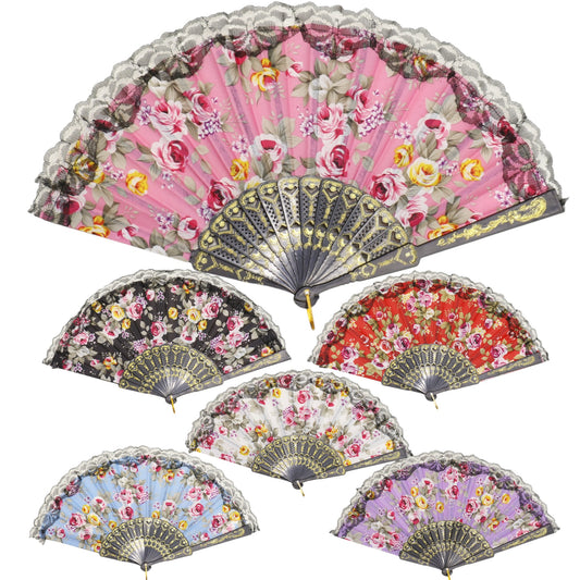 Rose Black Lace Trim Hand Held Folding Fan FN0439. (12PC)