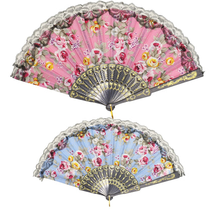 Rose Black Lace Trim Hand Held Folding Fan FN0439 (12PC)