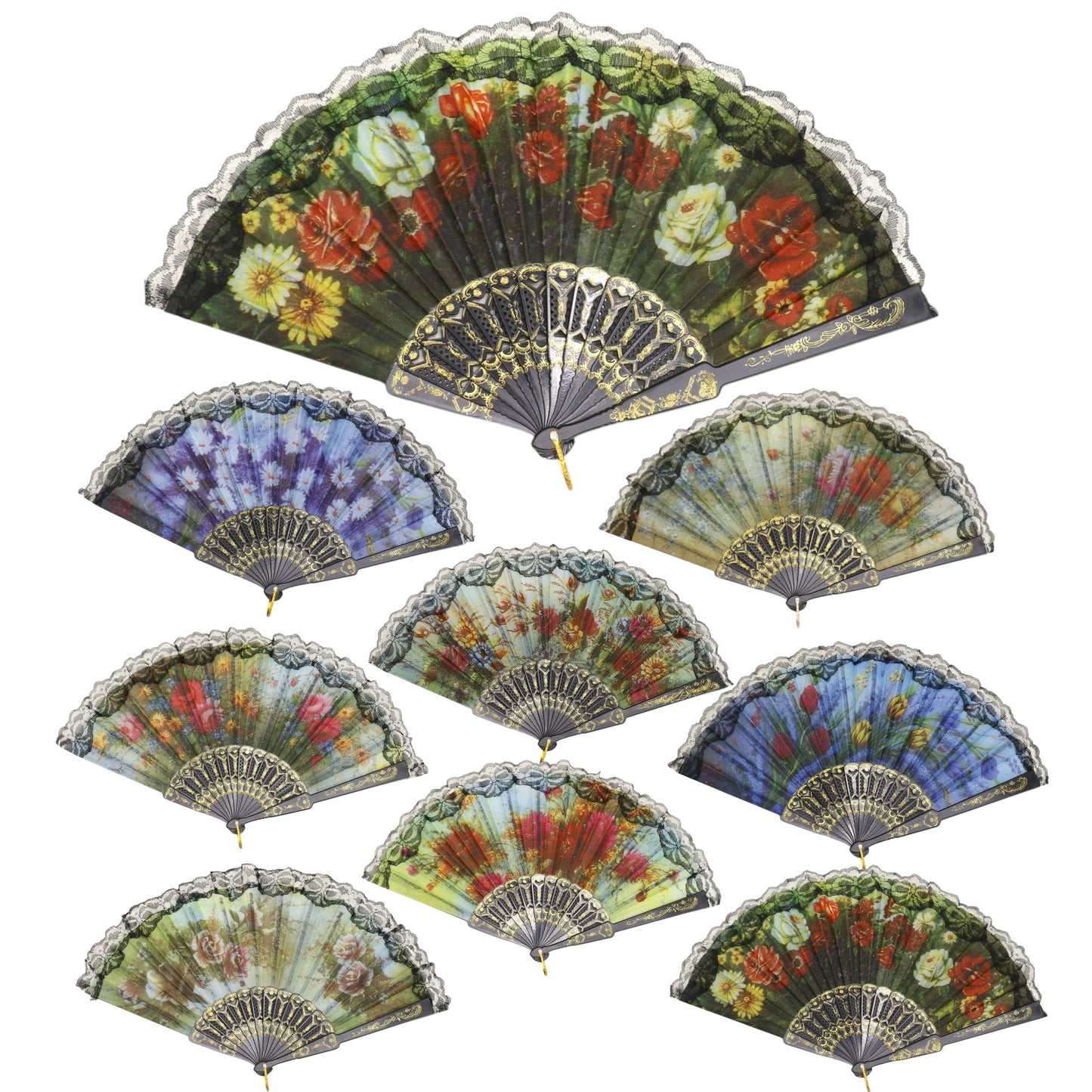 Black Floral Lace Trim Hand Held Folding Fan JF6323-5 (12PC)