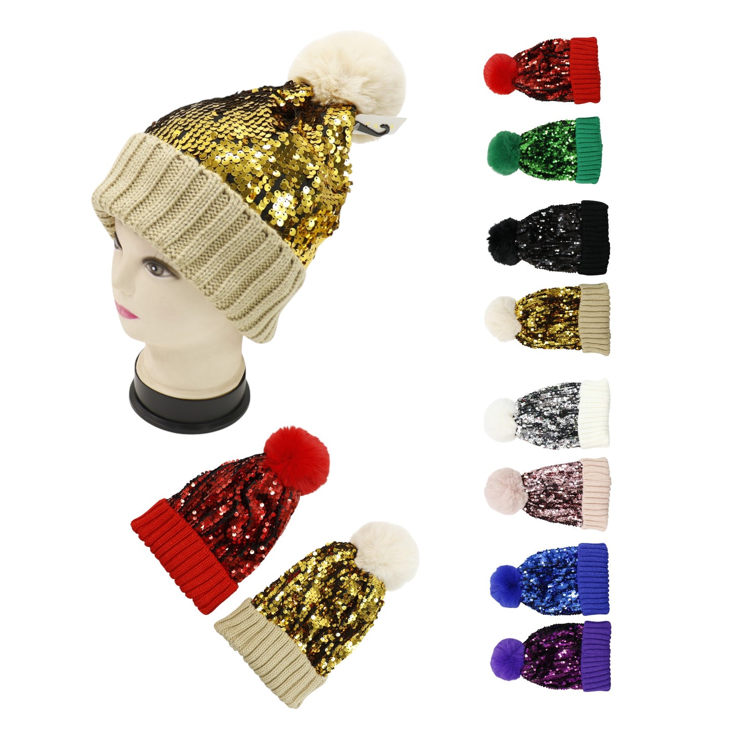 Pom Pom Sequin Beanie HA3715-1. (3PC)
