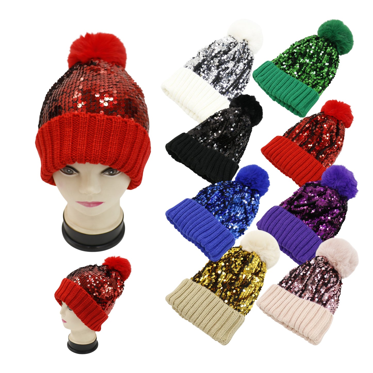 Pom Pom Sequin Beanie HA3715-1. (3PC)