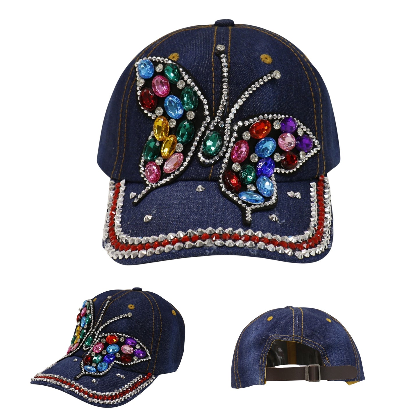 Women's Denim Rhinestone Rainbow Butterfly Cap HA6323-30 (12PC)