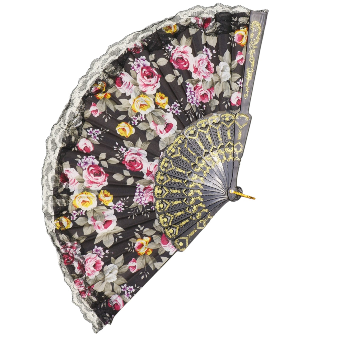 Rose Black Lace Trim Hand Held Folding Fan FN0439 (12PC)