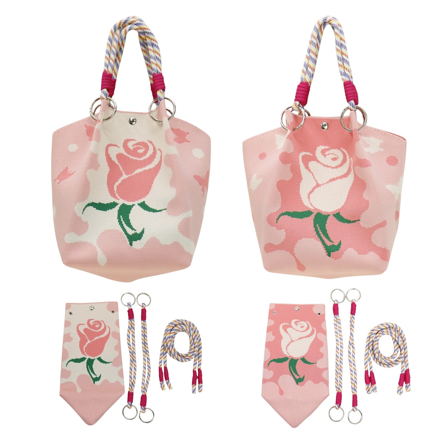 Rose Pattern Women's Knitted Bucket Bag JB6316-2 (3PC)