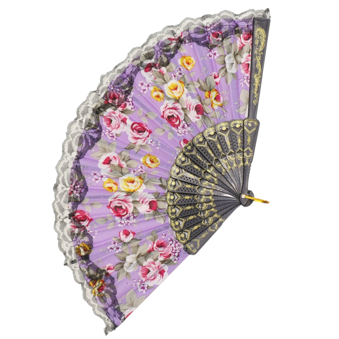 Rose Black Lace Trim Hand Held Folding Fan FN0439 (12PC)