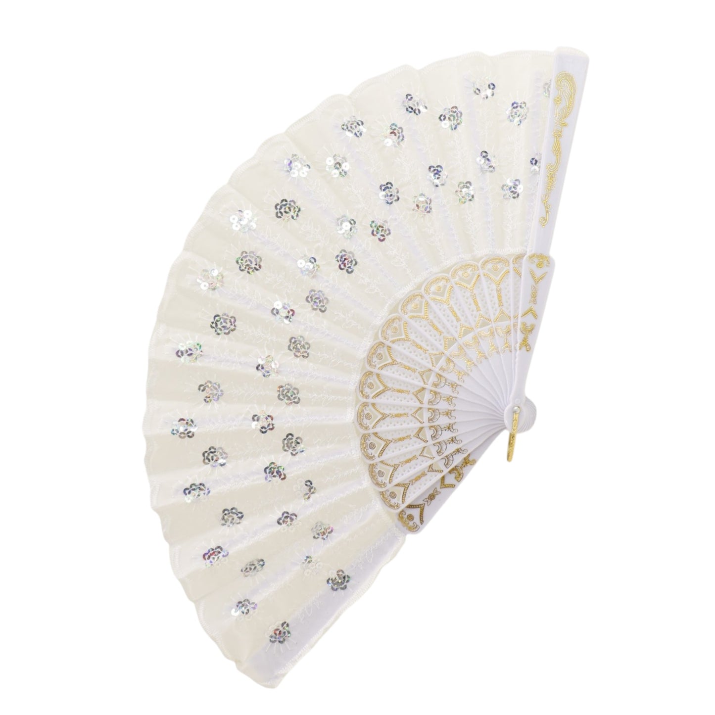 White Sequin Floral Folding Hand Fan FN2604 (12PC)