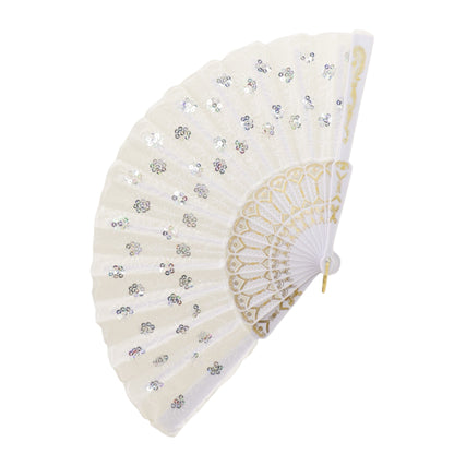 White Sequin Floral Folding Hand Fan FN2604 (12PC)