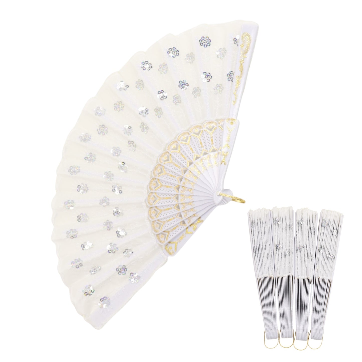 White Sequin Floral Folding Hand Fan FN2604 (12PC)