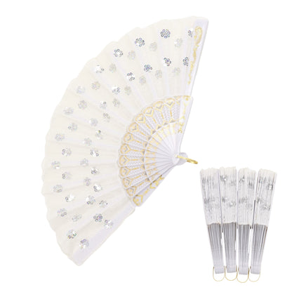 White Sequin Floral Folding Hand Fan FN2604 (12PC)