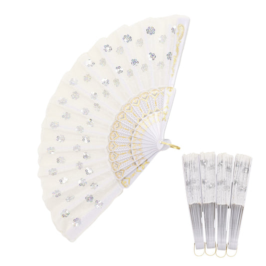 White Sequin Floral Folding Hand Fan FN2604 (12PC)