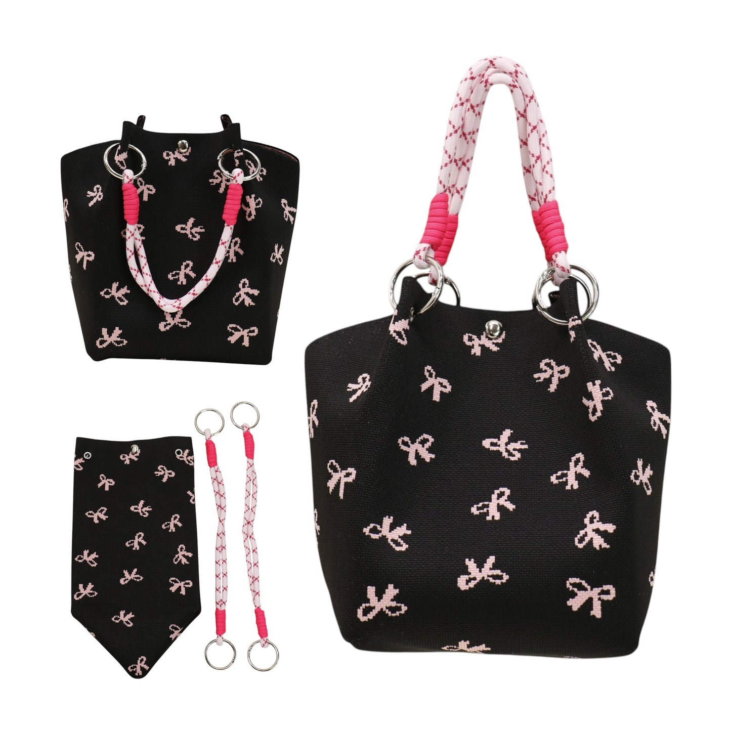 Pink Ribbon Pattern Cord Strap Knitted Tote Bag BG6313-4.(3PC)