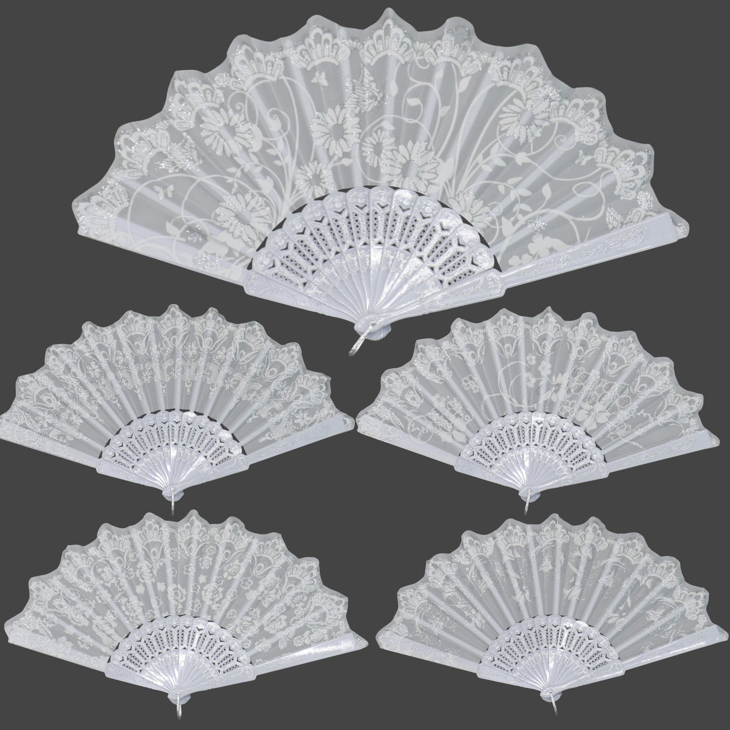 Silver Floral Glitter Hand Held Folding Fan JF6323-7 (12PC)