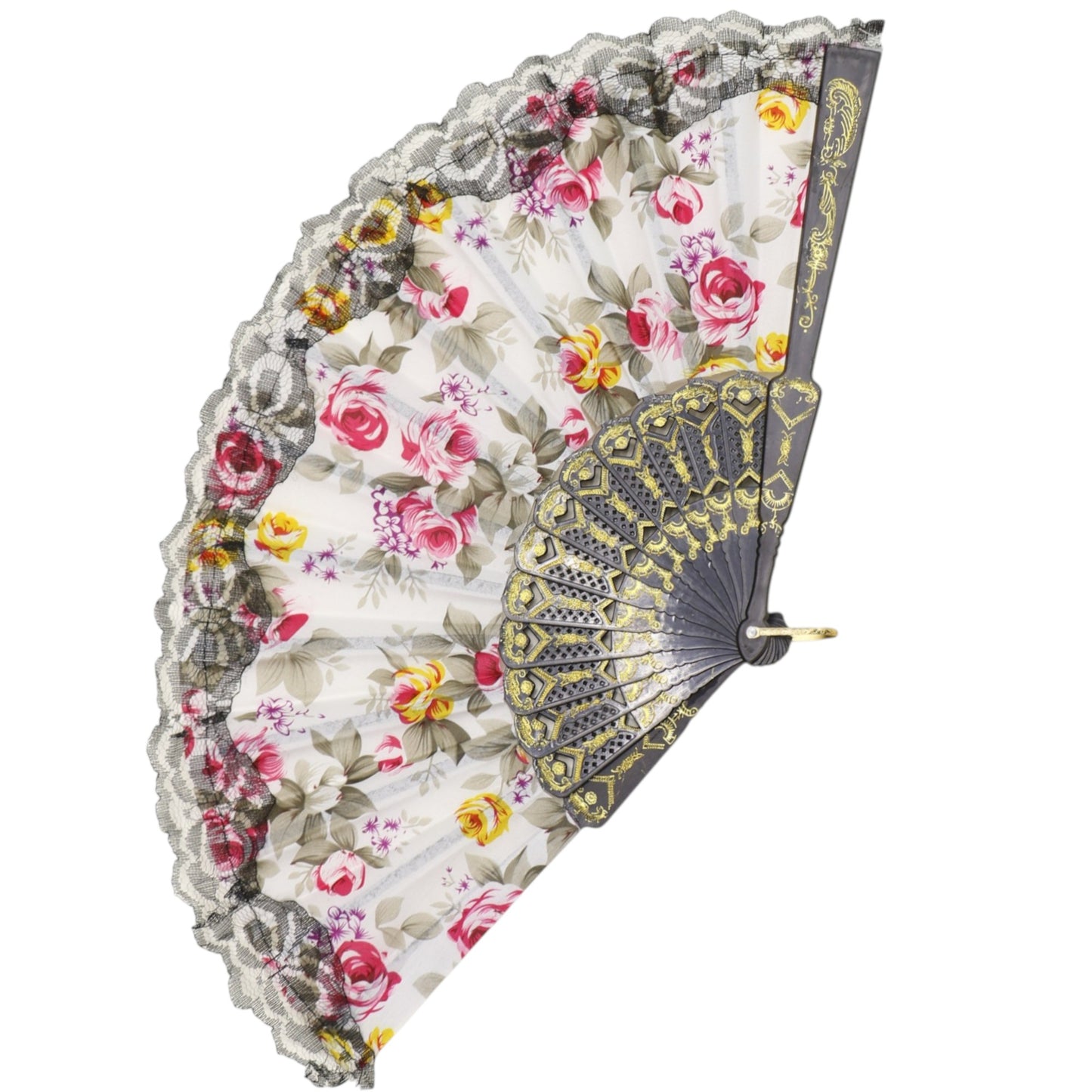 Rose Black Lace Trim Hand Held Folding Fan FN0439 (12PC)