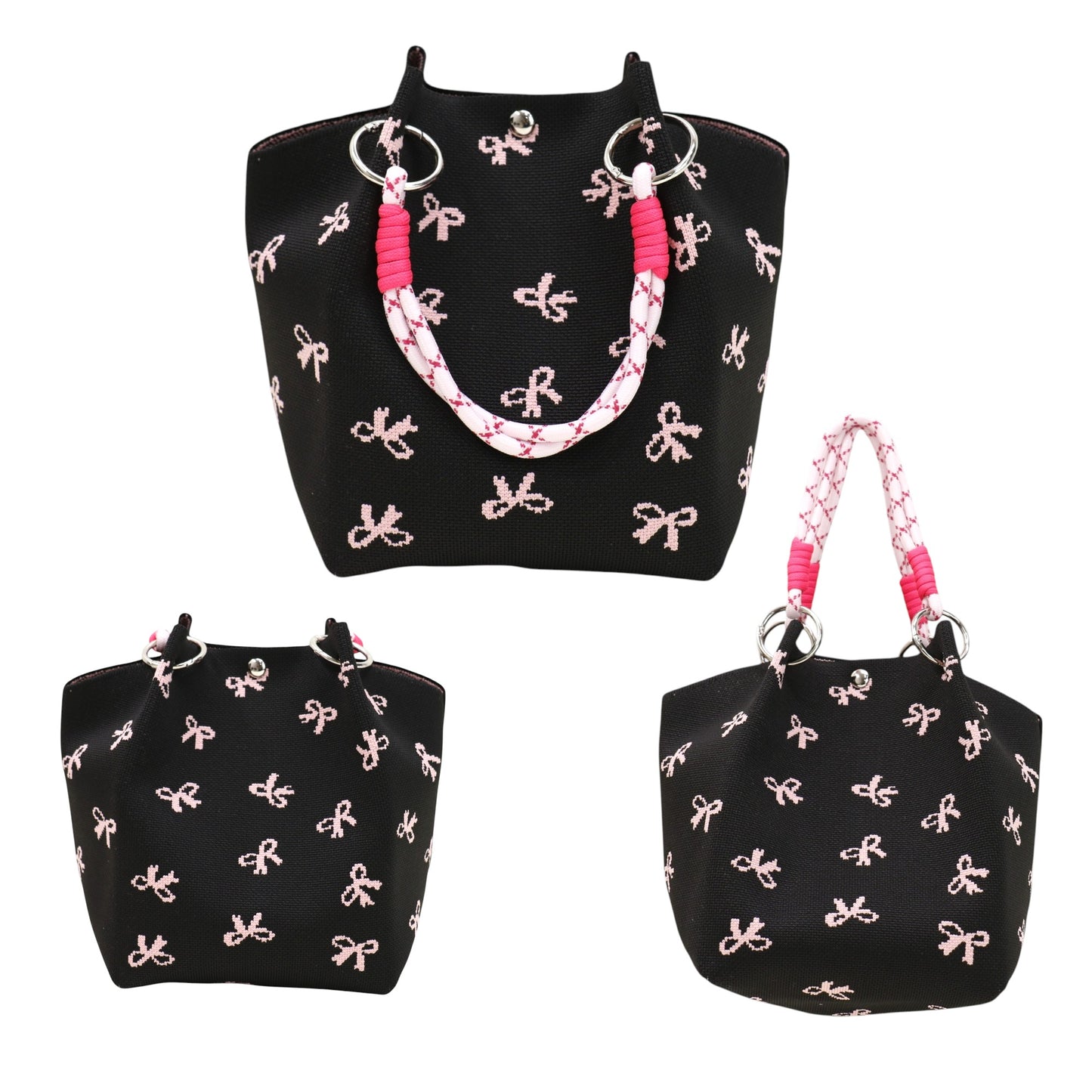 Pink Ribbon Pattern Cord Strap Knitted Tote Bag BG6313-4.(3PC)