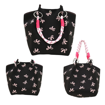 Pink Ribbon Pattern Cord Strap Knitted Tote Bag BG6313-4.(3PC)